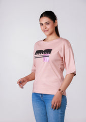 Ladies Drop Shoulder T Shirt - Pink Printed