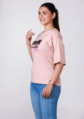Ladies Drop Shoulder T Shirt - Pink Printed
