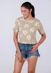 Ladies Crop T Shirt - Flower Printed Beige