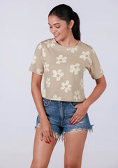 Ladies Crop T Shirt - Flower Printed Beige