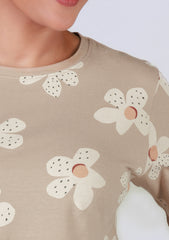 Ladies Crop T Shirt - Flower Printed Beige