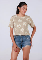 Ladies Crop T Shirt - Flower Printed Beige