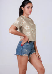 Ladies Crop T Shirt - Flower Printed Beige