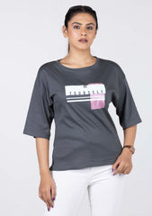 Ladies Drop Shoulder T Shirt - Grey Printed