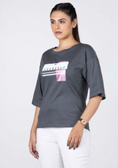 Ladies Drop Shoulder T Shirt - Grey Printed