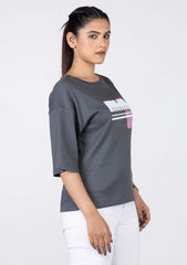 Ladies Drop Shoulder T Shirt - Grey Printed