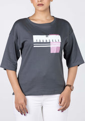 Ladies Drop Shoulder T Shirt - Grey Printed