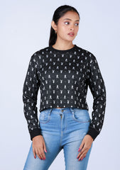 Ladies Long Sleeve Crop Top - Black Printed