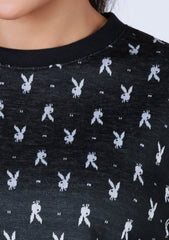 Ladies Long Sleeve Crop Top - Black Printed