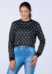 Ladies Long Sleeve Crop Top - Black Printed