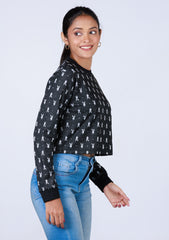 Ladies Long Sleeve Crop Top - Black Printed