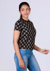Short-Length T-Shirt - Black Gold Printed