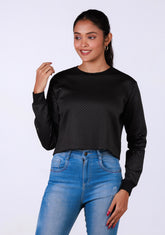 Ladies Long Sleeve Crop Top - Black