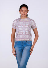 Short-Length T-Shirt - Pink White Printed