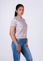 Short-Length T-Shirt - Pink White Printed