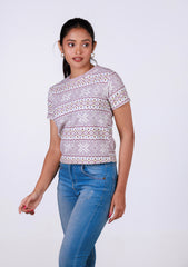 Short-Length T-Shirt - Pink White Printed