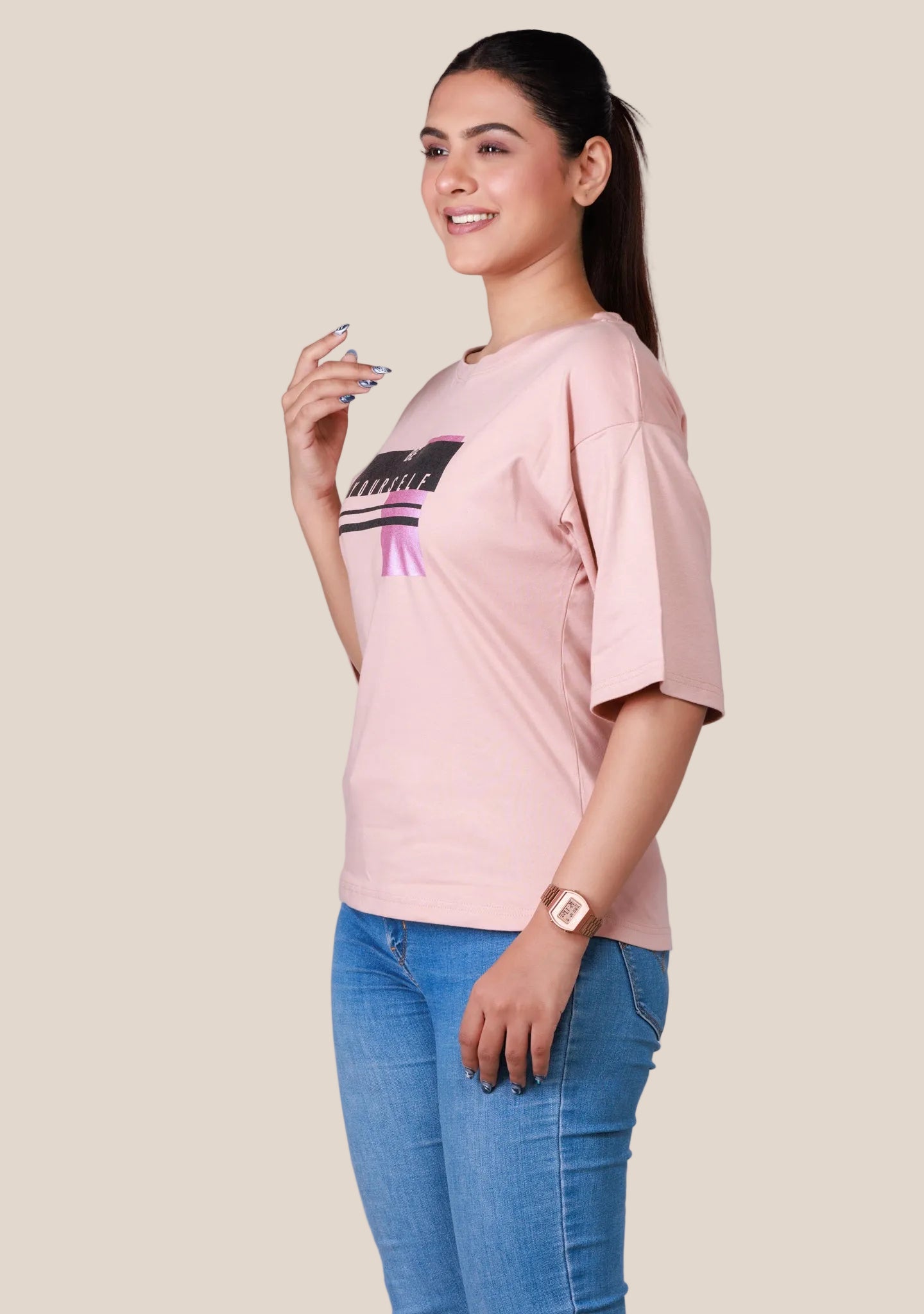 Ladies Drop Shoulder T Shirt - Pink Printed
