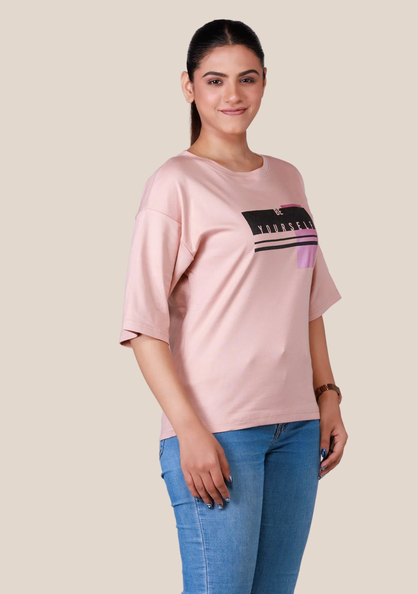 Ladies Drop Shoulder T Shirt - Pink Printed