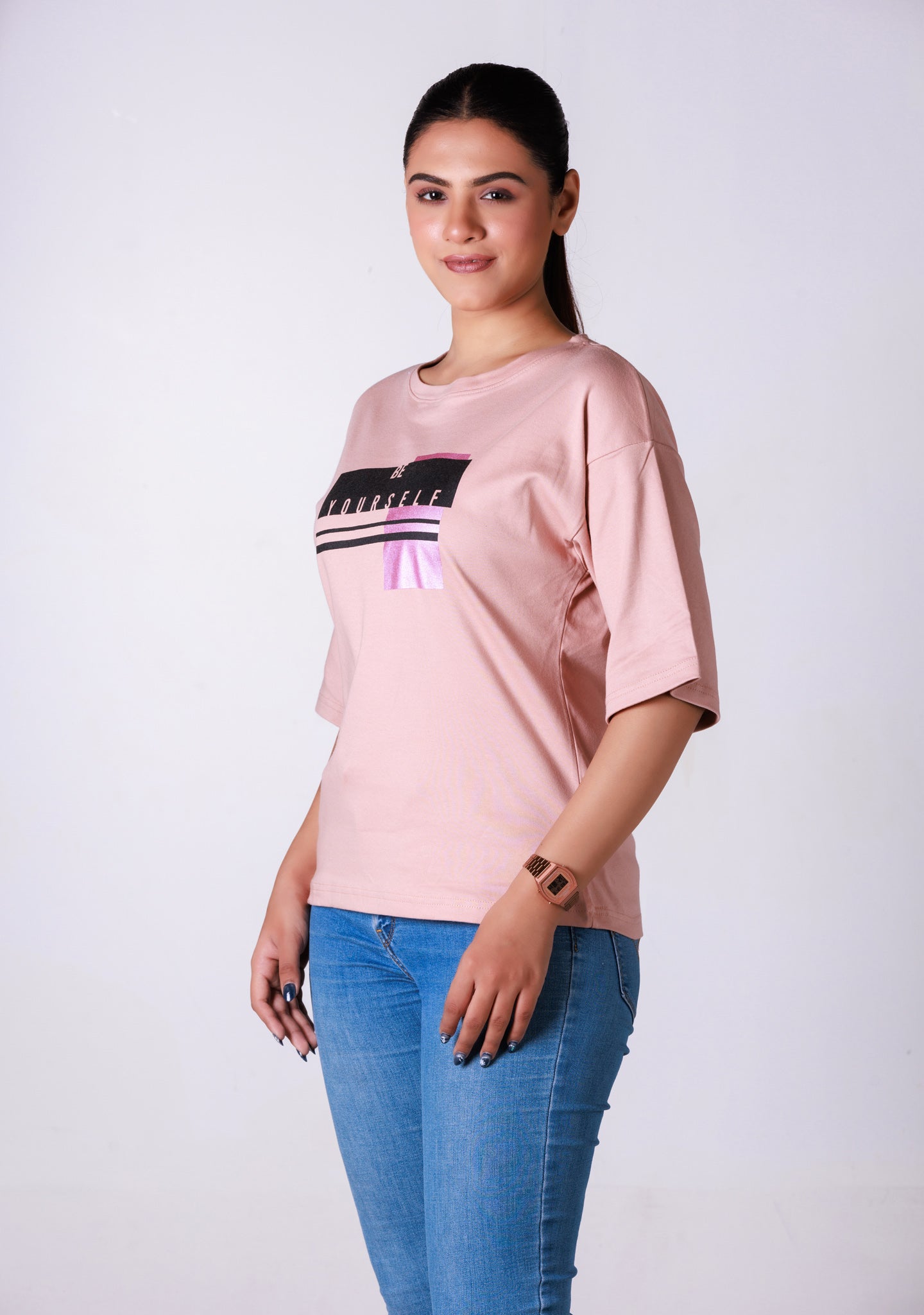 Ladies Drop Shoulder T Shirt - Pink Printed