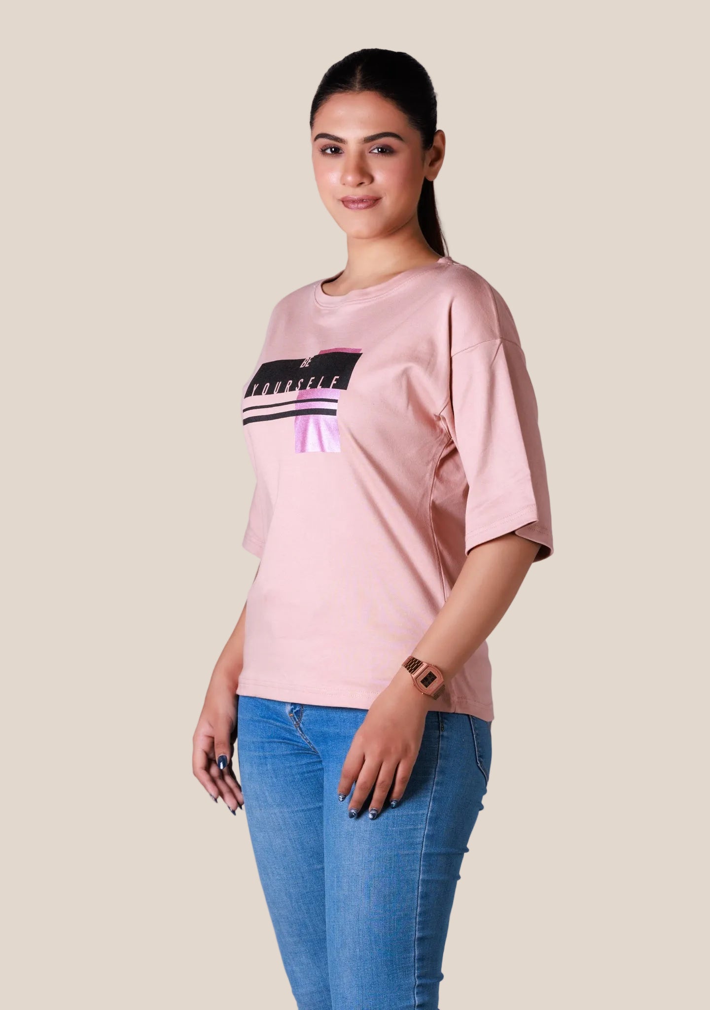Ladies Drop Shoulder T Shirt - Pink Printed