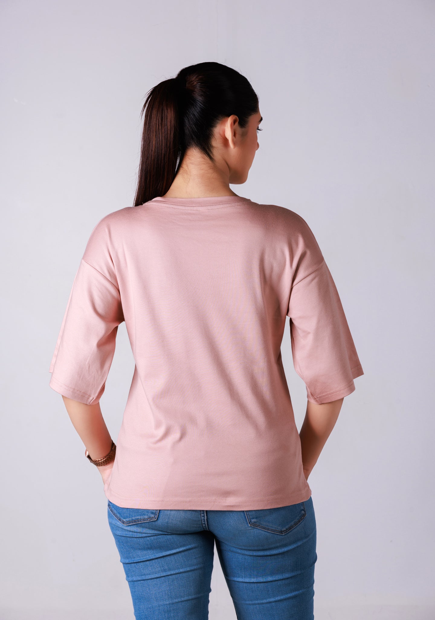 Ladies Drop Shoulder T Shirt - Pink Printed