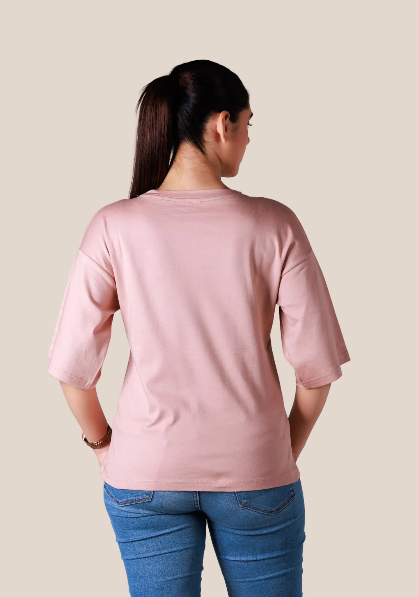 Ladies Drop Shoulder T Shirt - Pink Printed