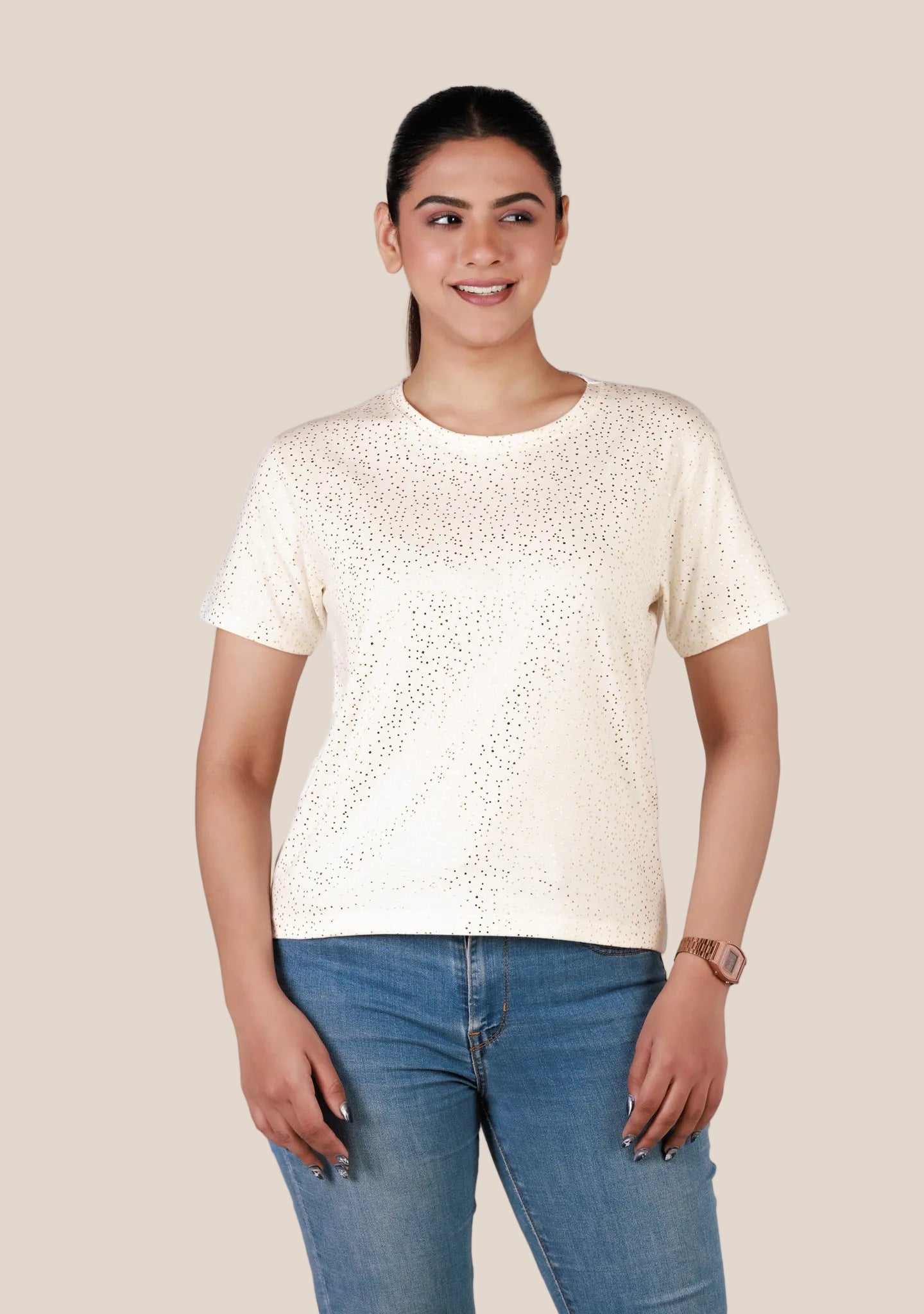 Short-Length T-Shirt - Dotted Beige