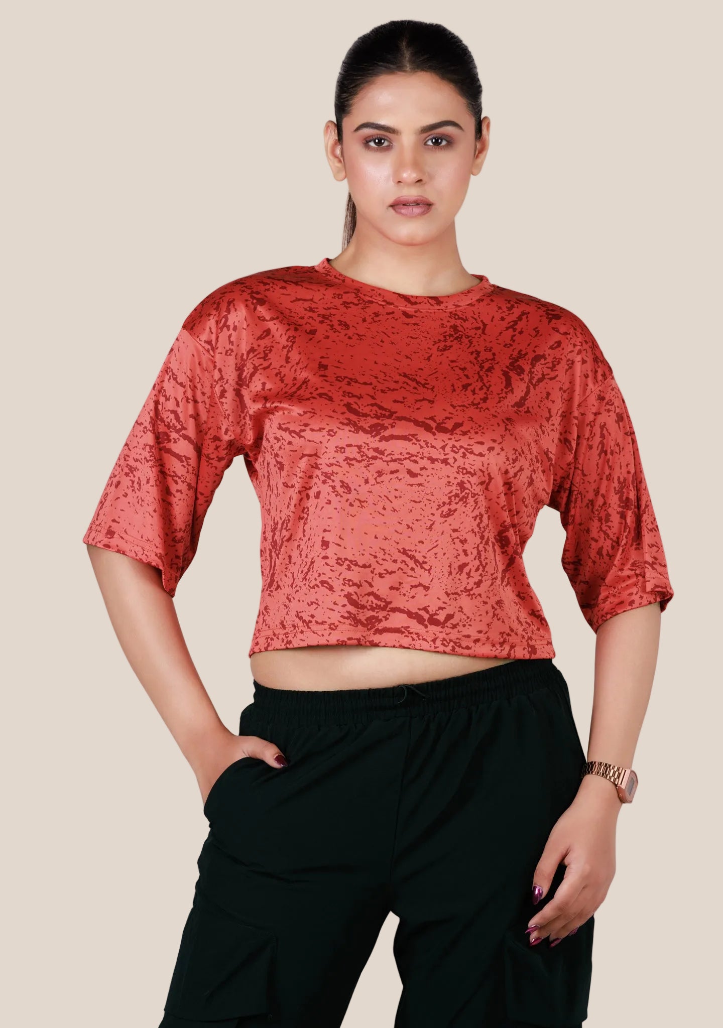 Ladies Crop Fi Sleeve T Shirt - Red