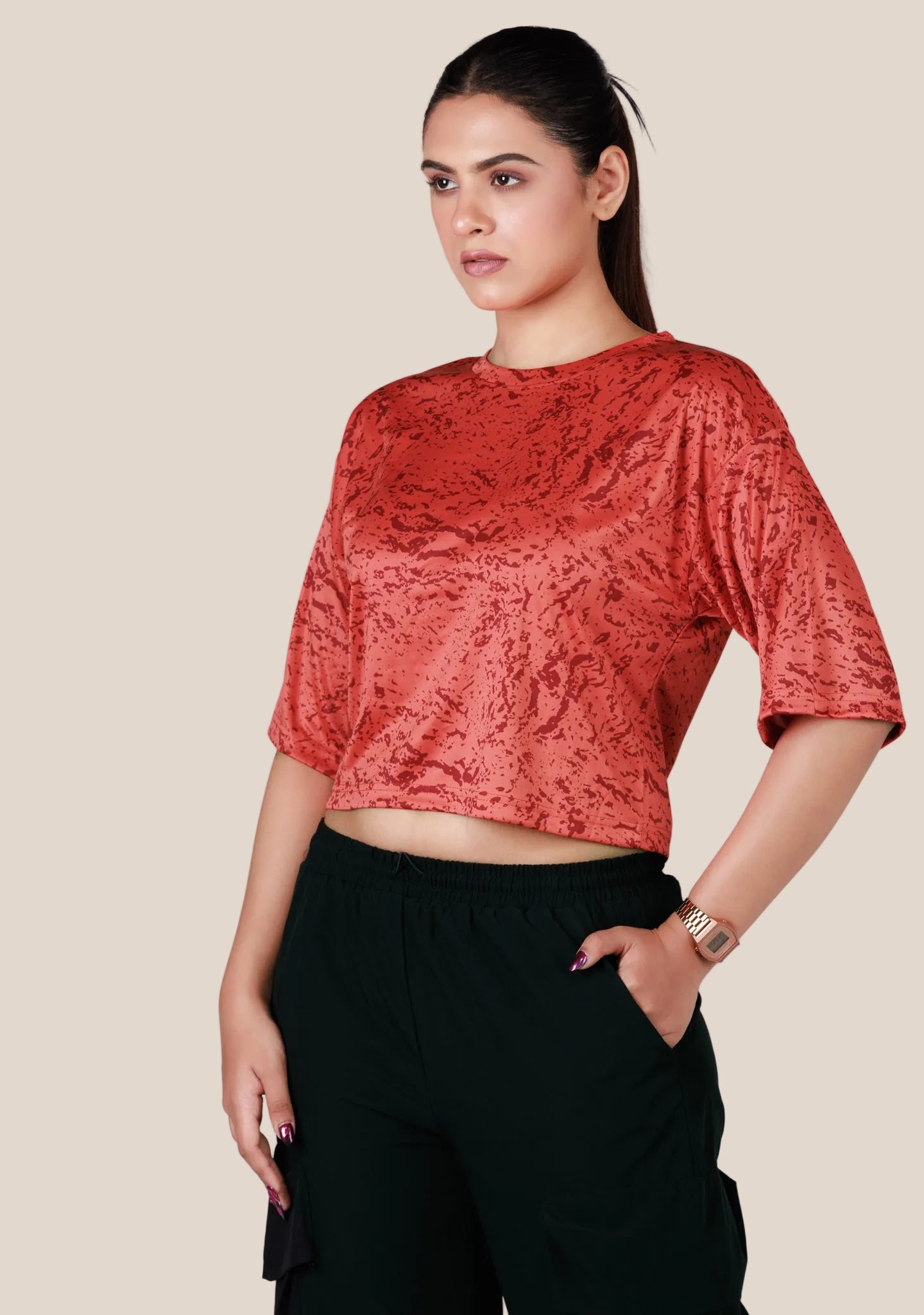 Ladies Crop Fi Sleeve T Shirt - Red