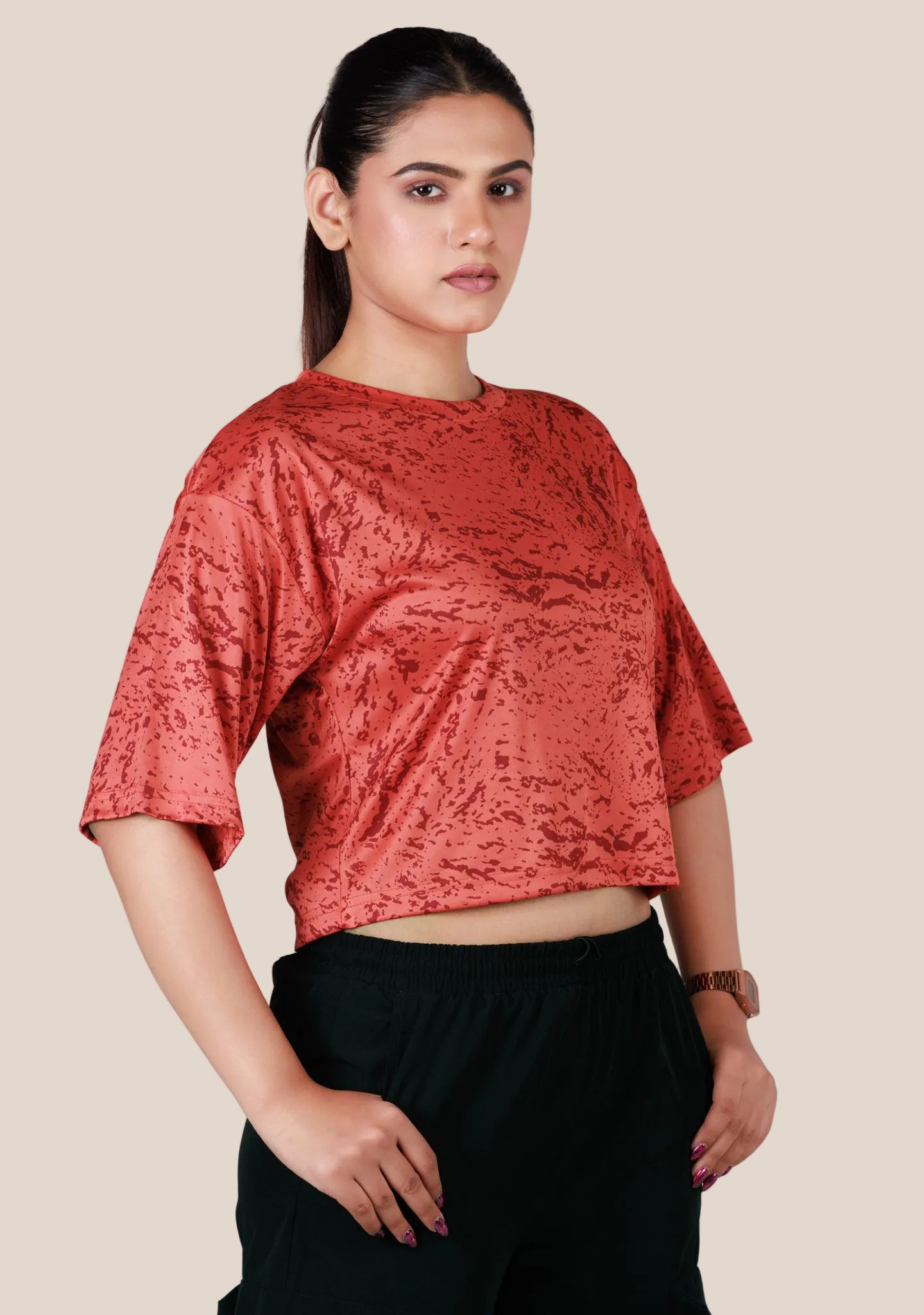 Ladies Crop Fi Sleeve T Shirt - Red