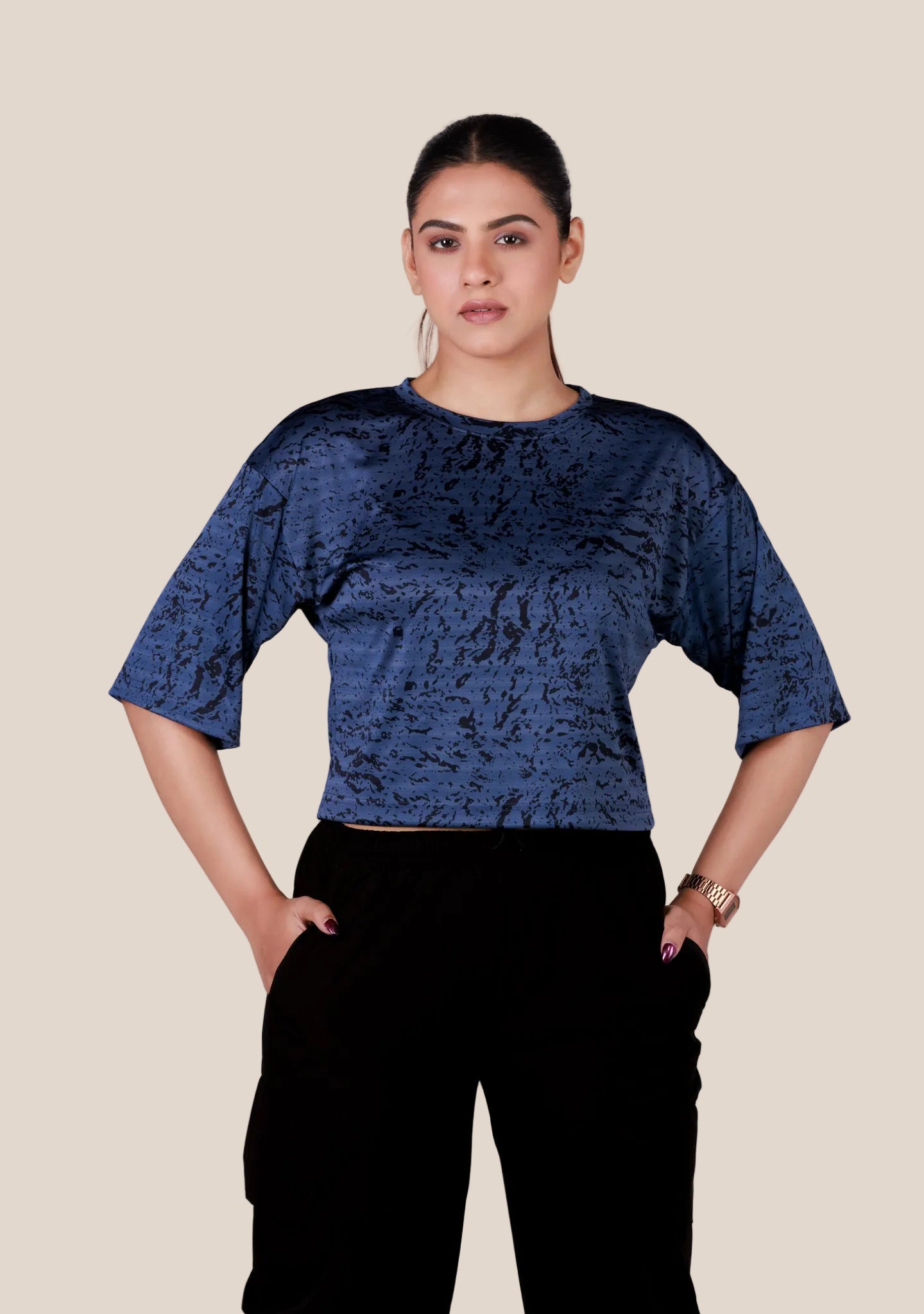 Ladies Crop Fi Sleeve T Shirt - Blue