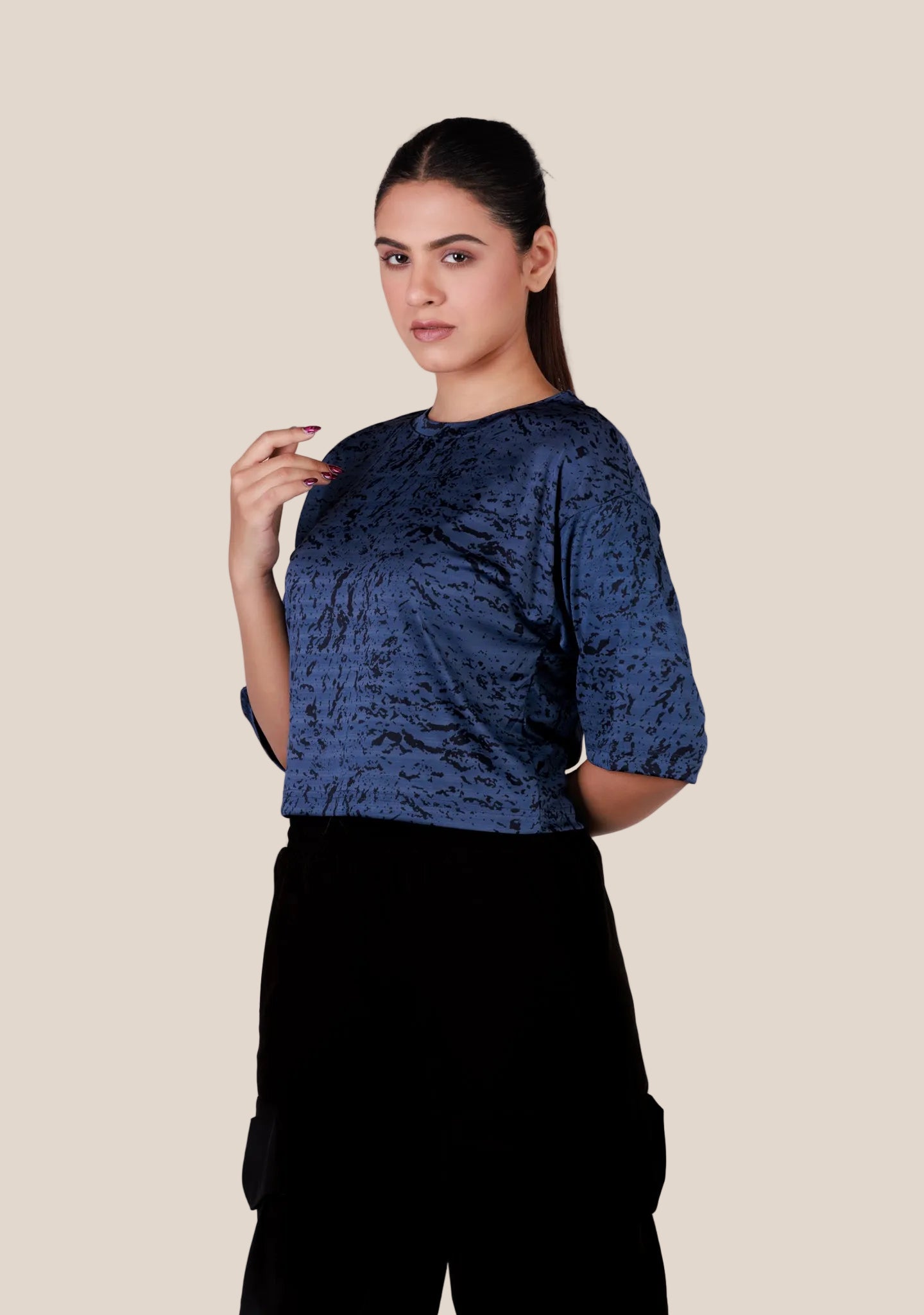 Ladies Crop Fi Sleeve T Shirt - Blue