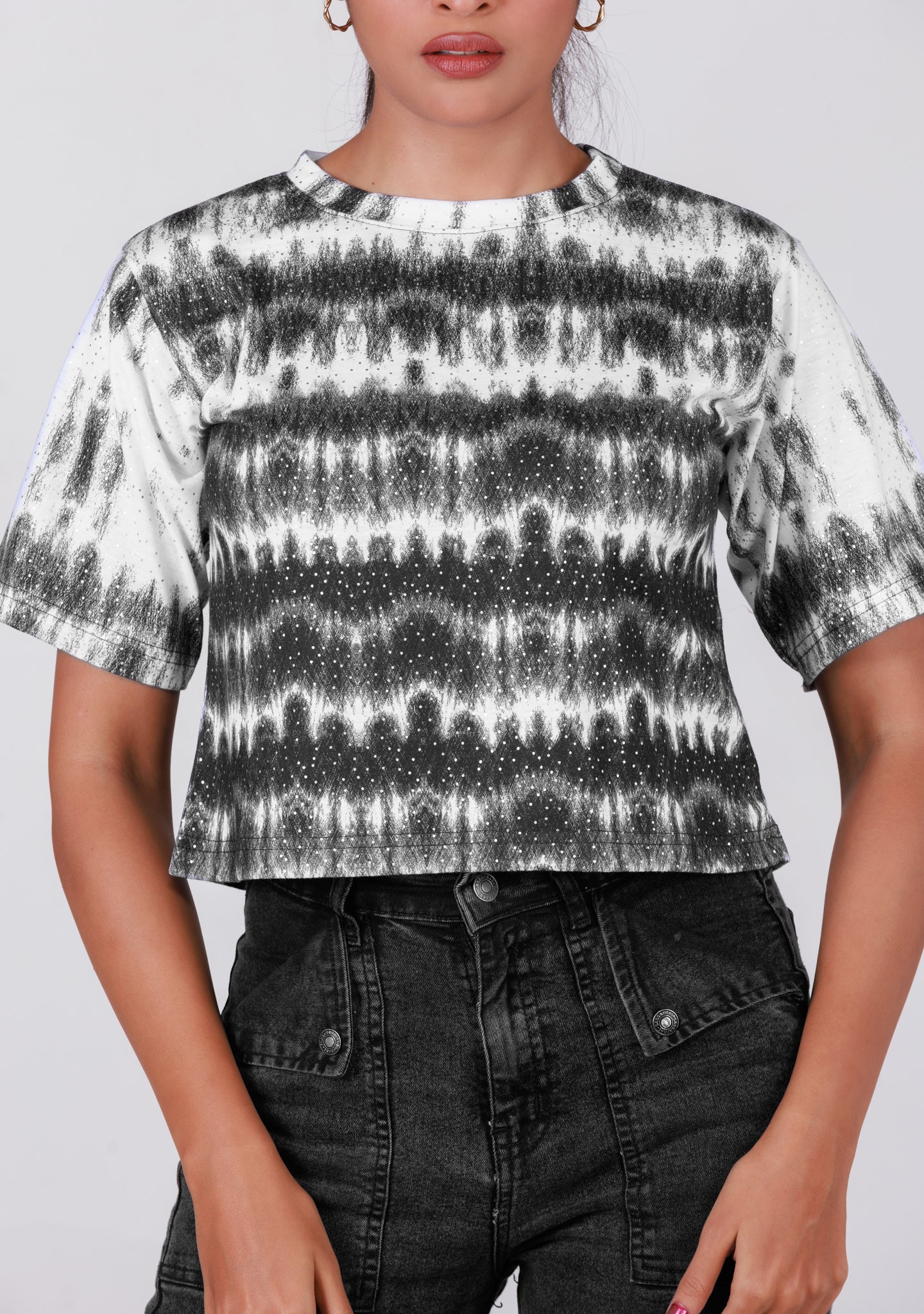Ladies Crop T Shirt - Black Printed
