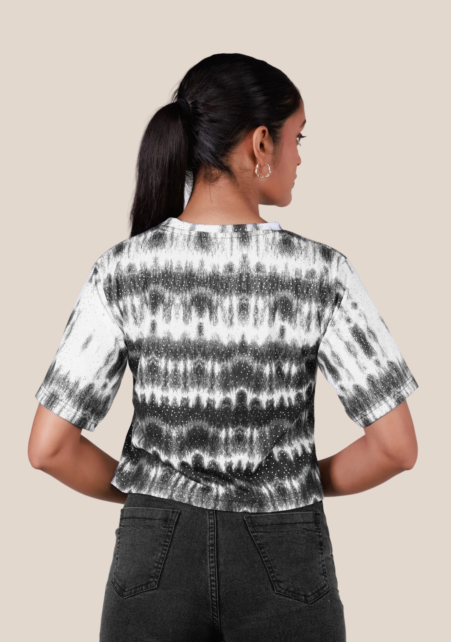 Ladies Crop T Shirt - Black Printed