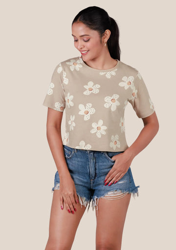 Ladies Crop T Shirt - Flower Printed Beige
