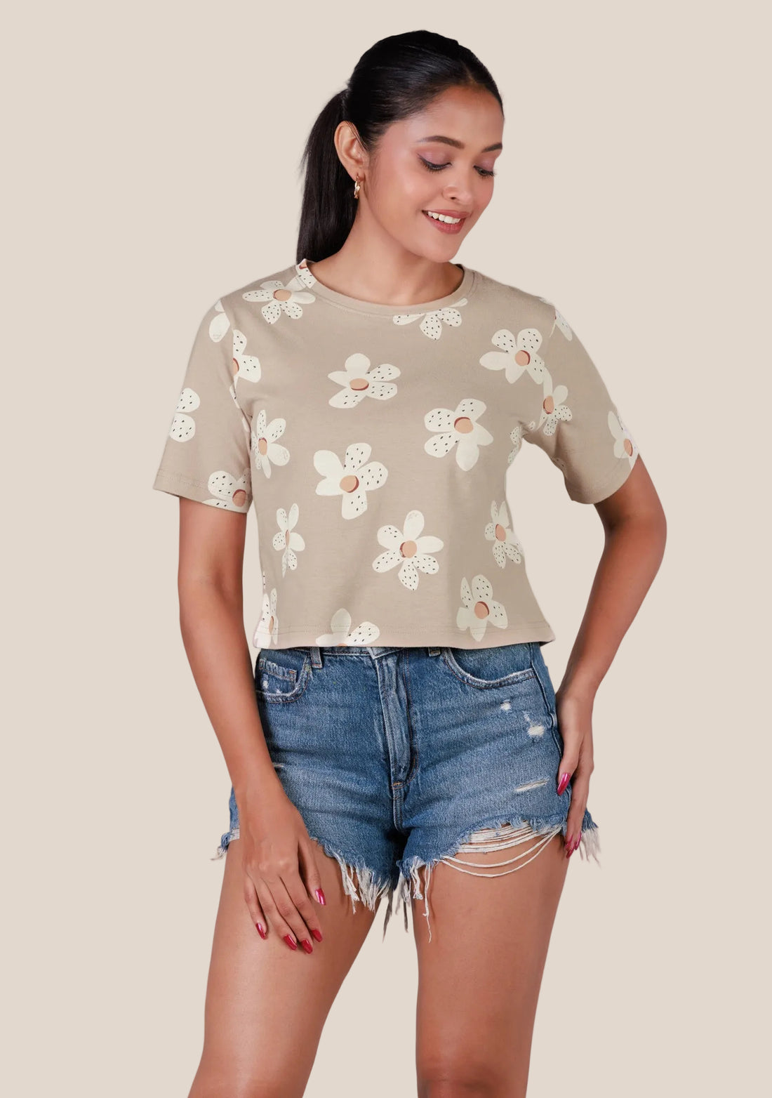 Ladies Crop T Shirt - Flower Printed Beige