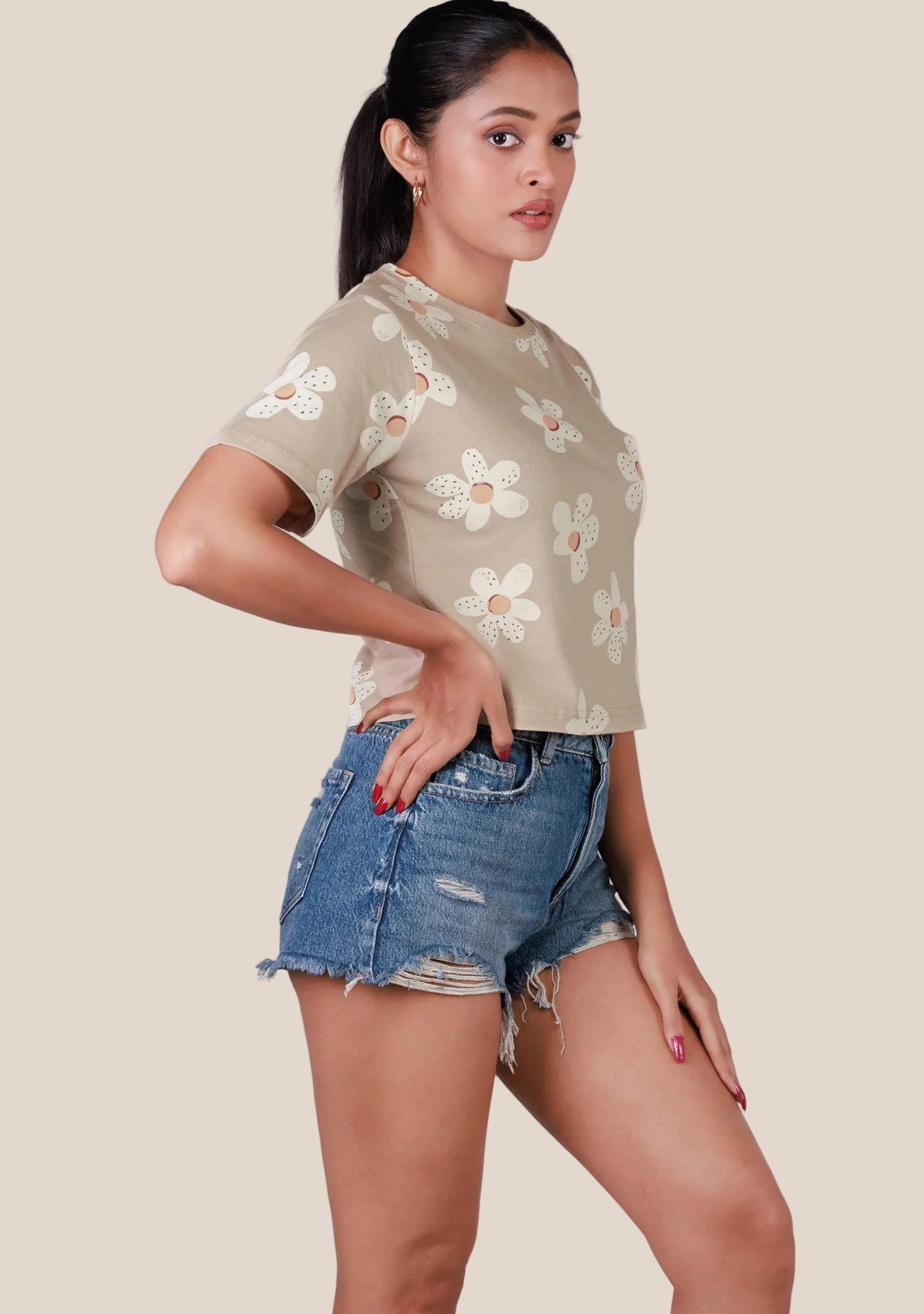 Ladies Crop T Shirt - Flower Printed Beige