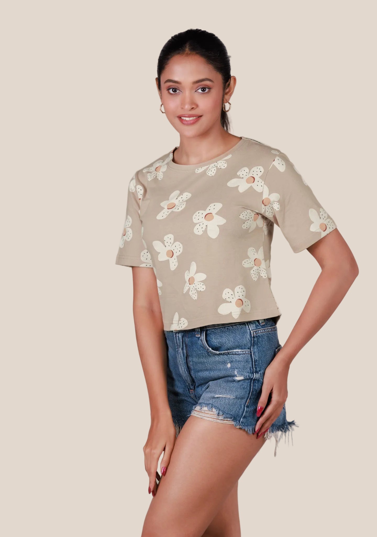 Ladies Crop T Shirt - Flower Printed Beige