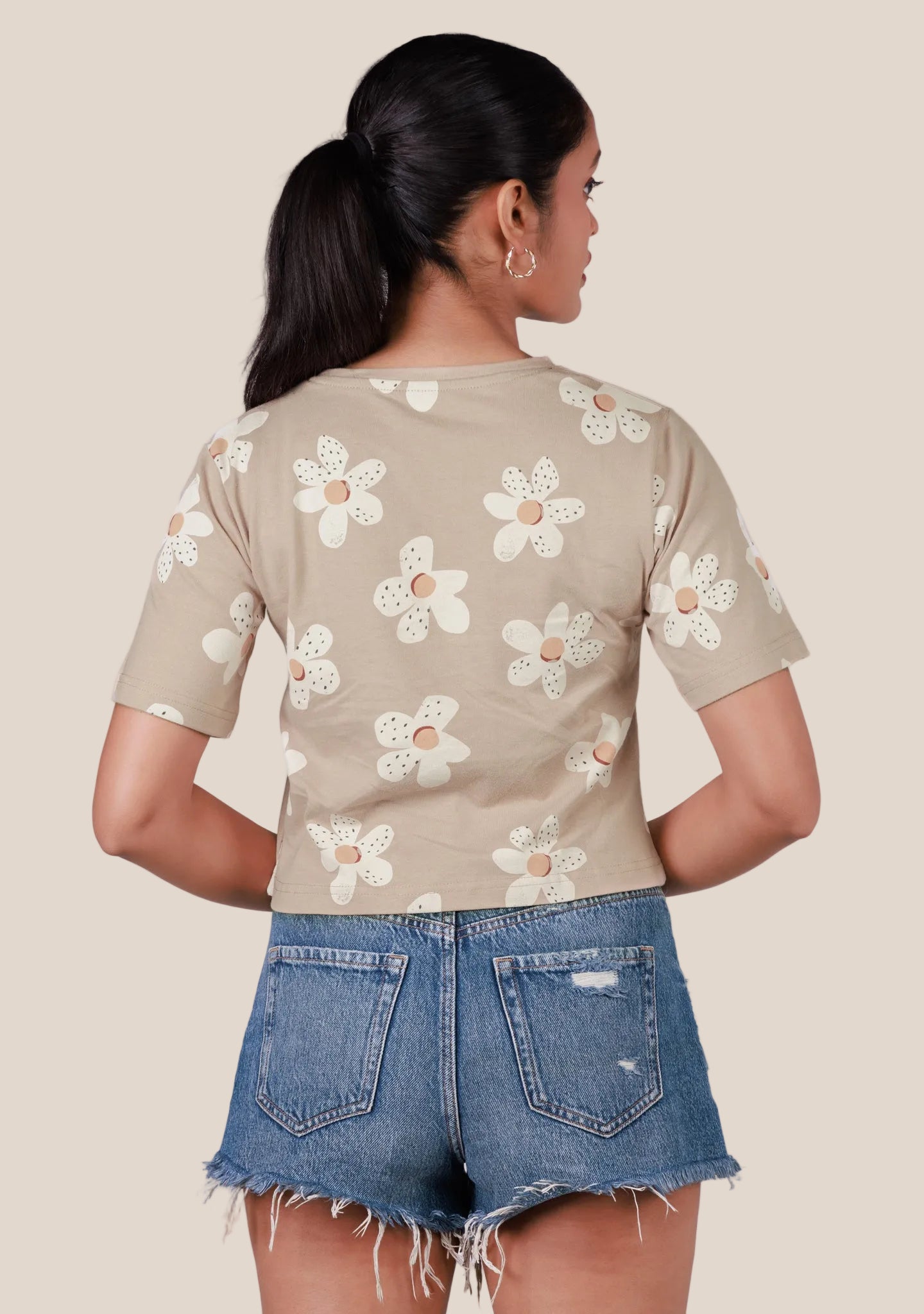 Ladies Crop T Shirt - Flower Printed Beige