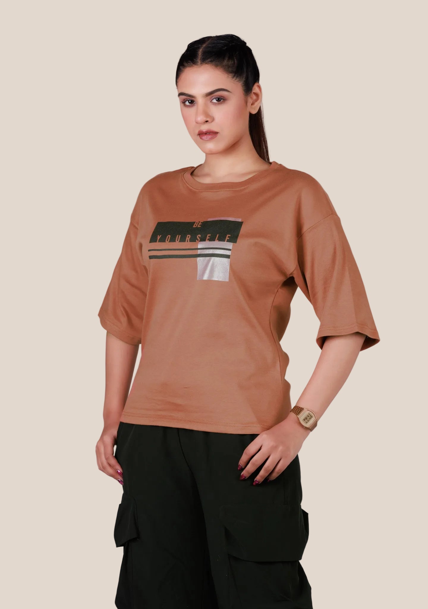 Ladies Drop Shoulder T Shirt - Brown