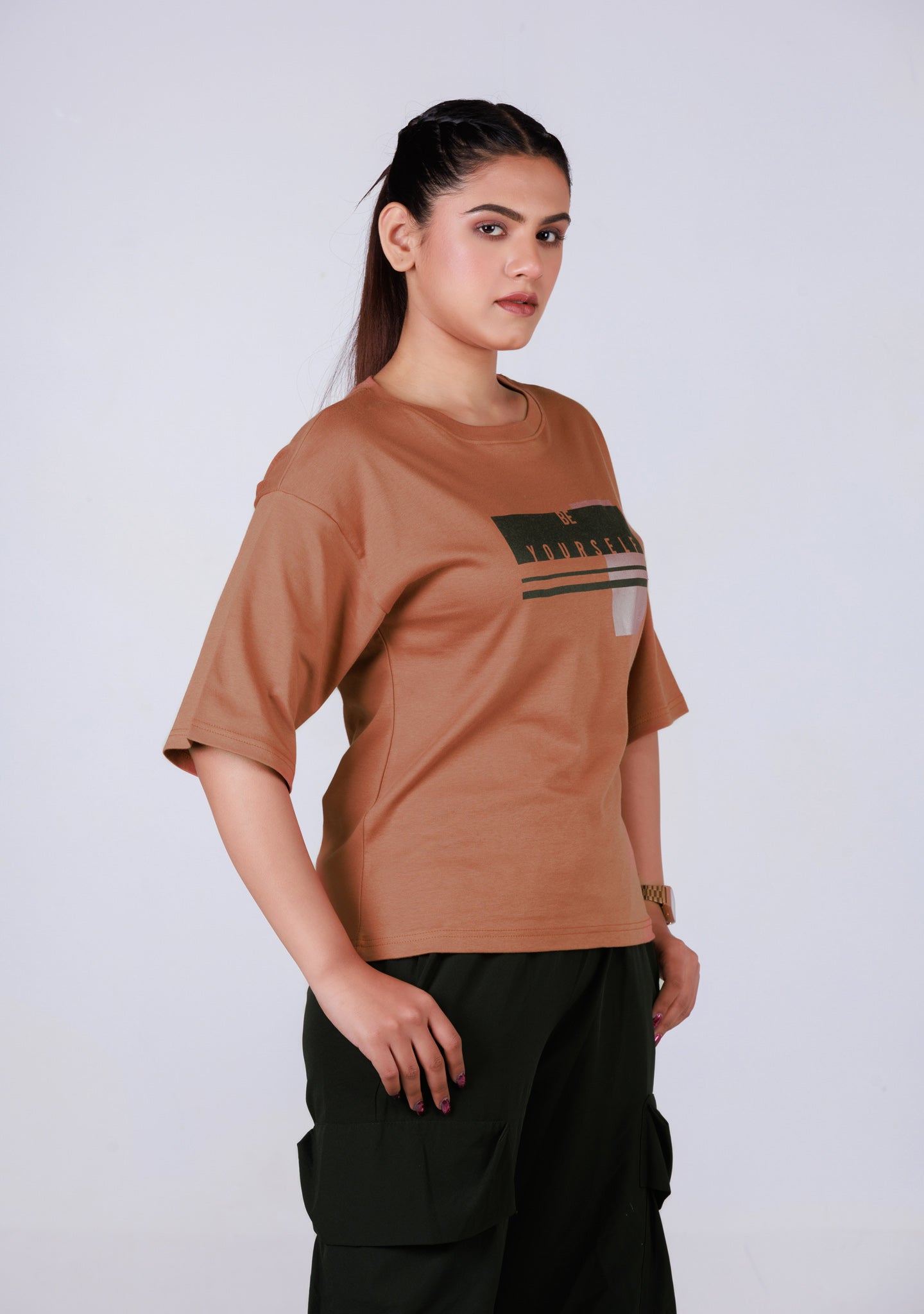 Ladies Drop Shoulder T Shirt - Brown