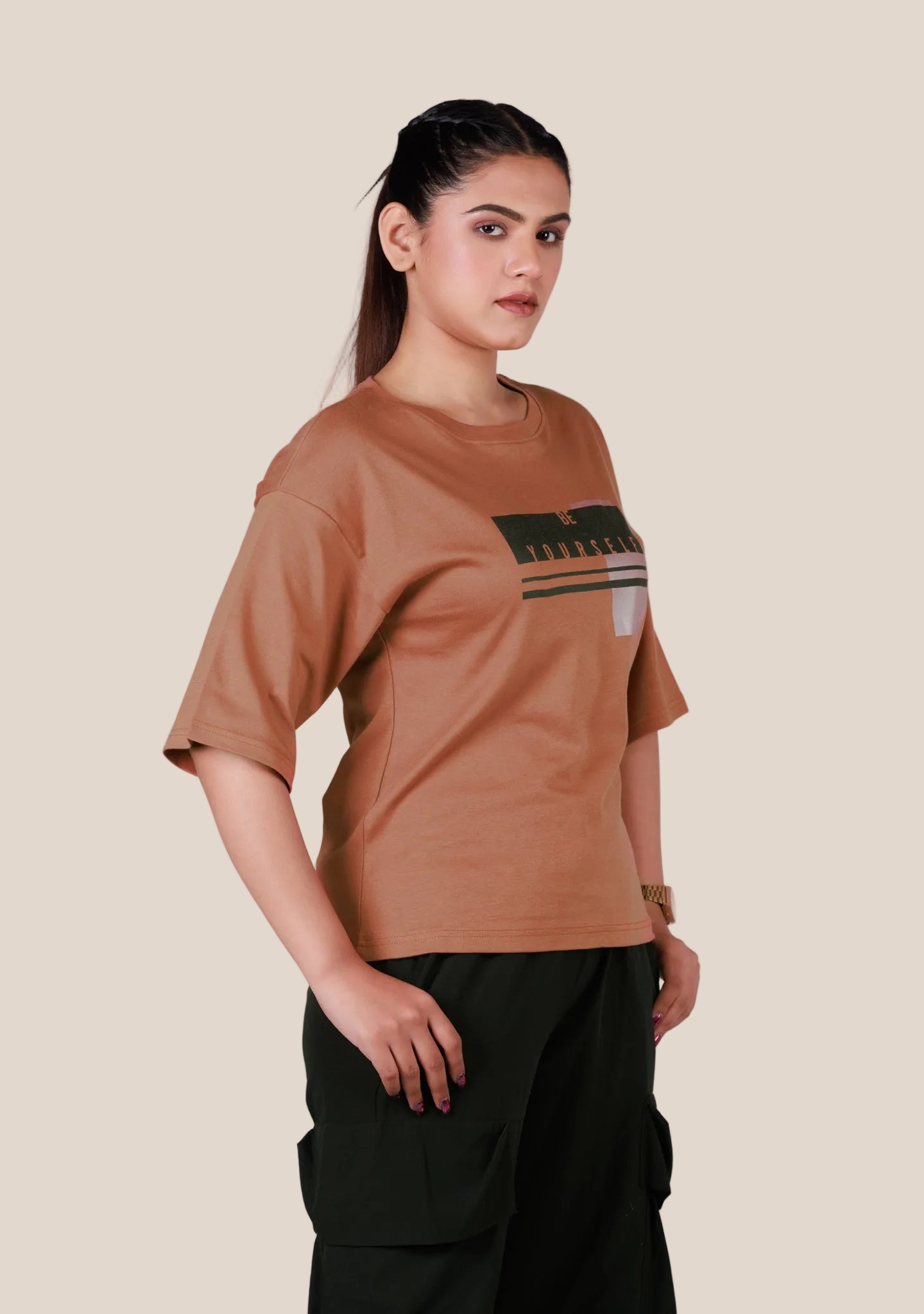 Ladies Drop Shoulder T Shirt - Brown