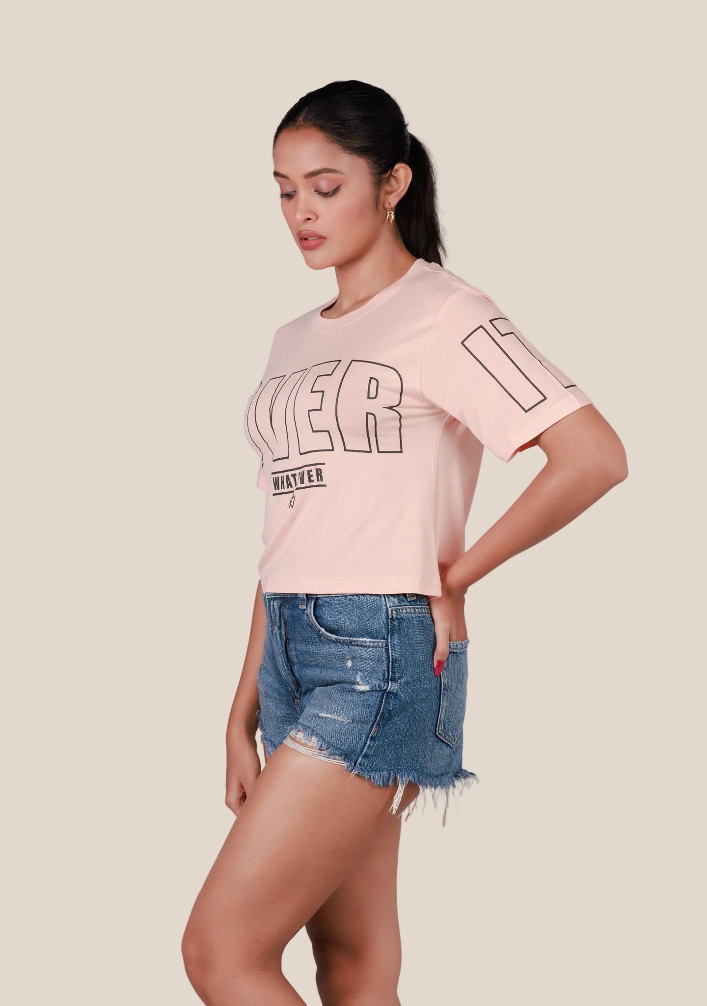 Ladies Crop T Shirt - Pink Printed