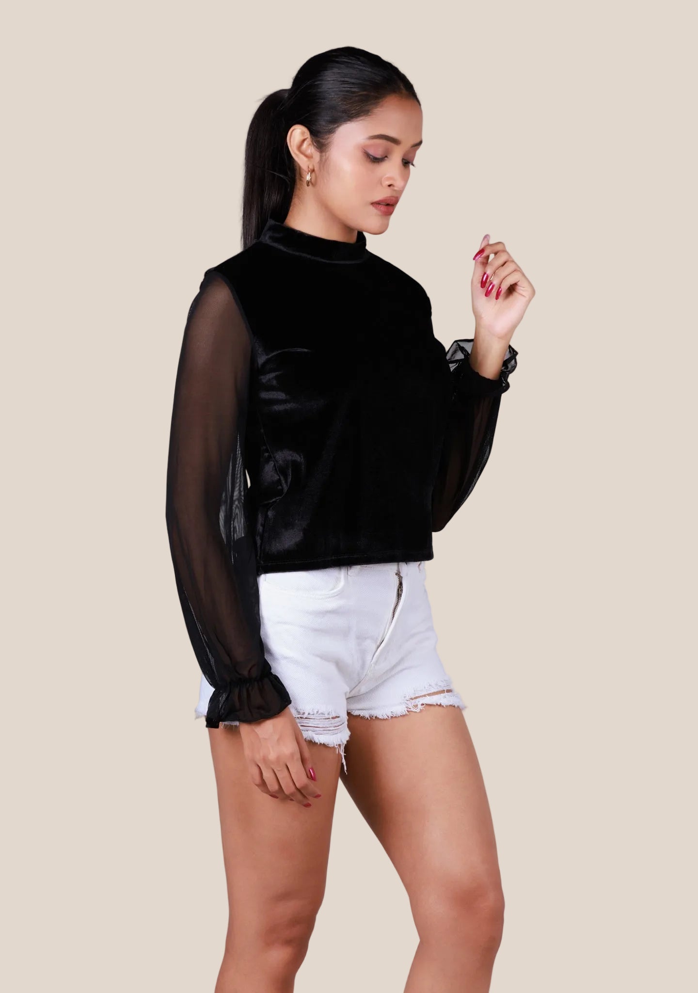 Ladies Long Sleeve Crop Top - Black