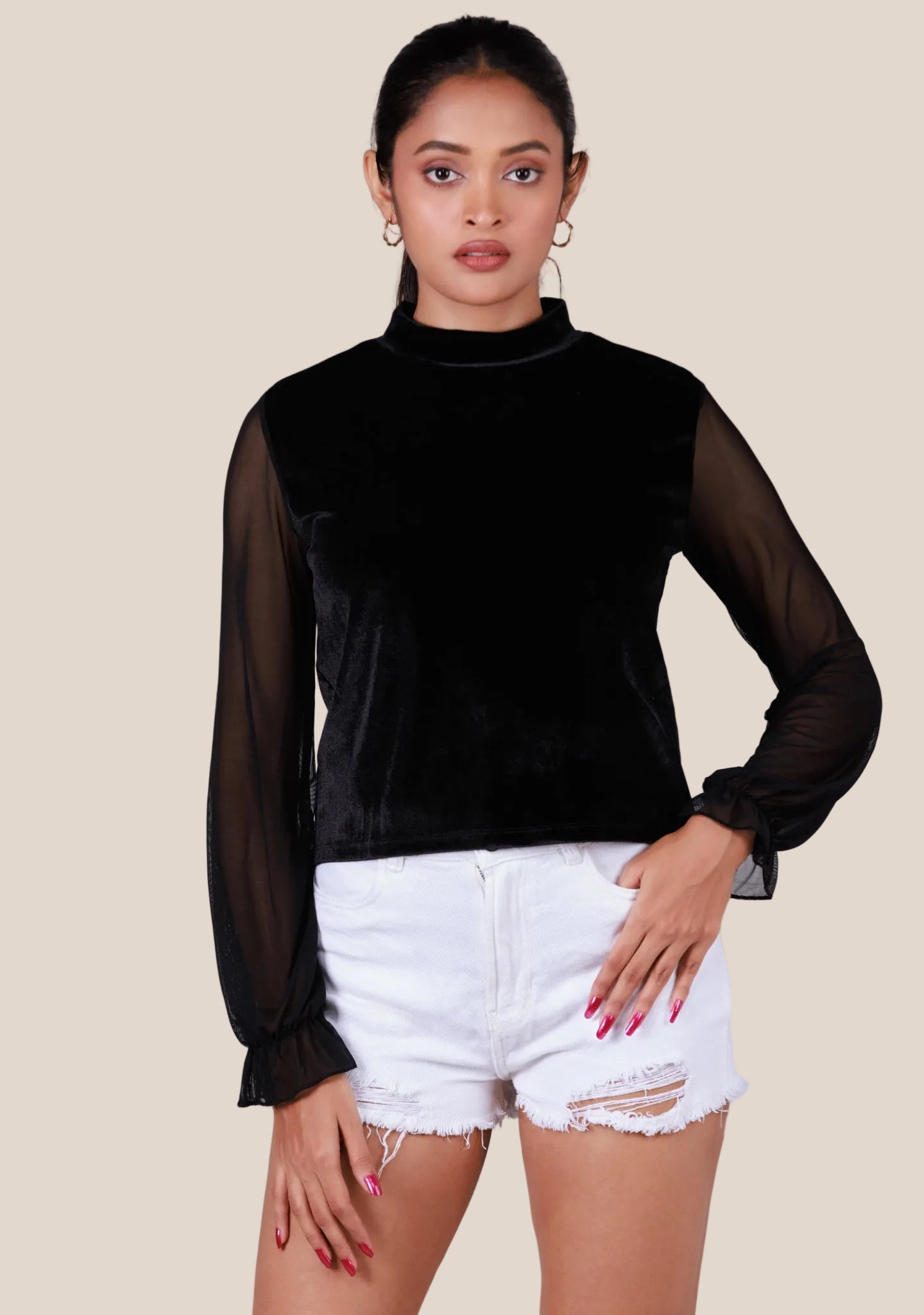 Ladies Long Sleeve Crop Top - Black