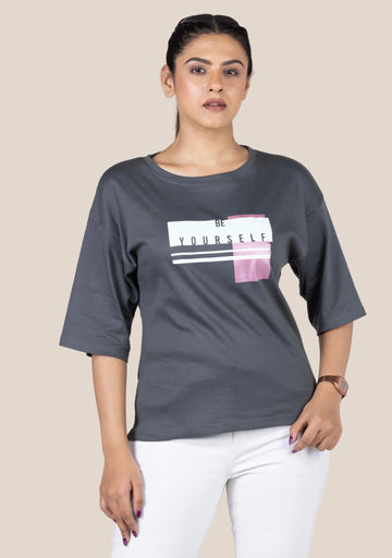 Ladies Drop Shoulder T Shirt - Grey Printed