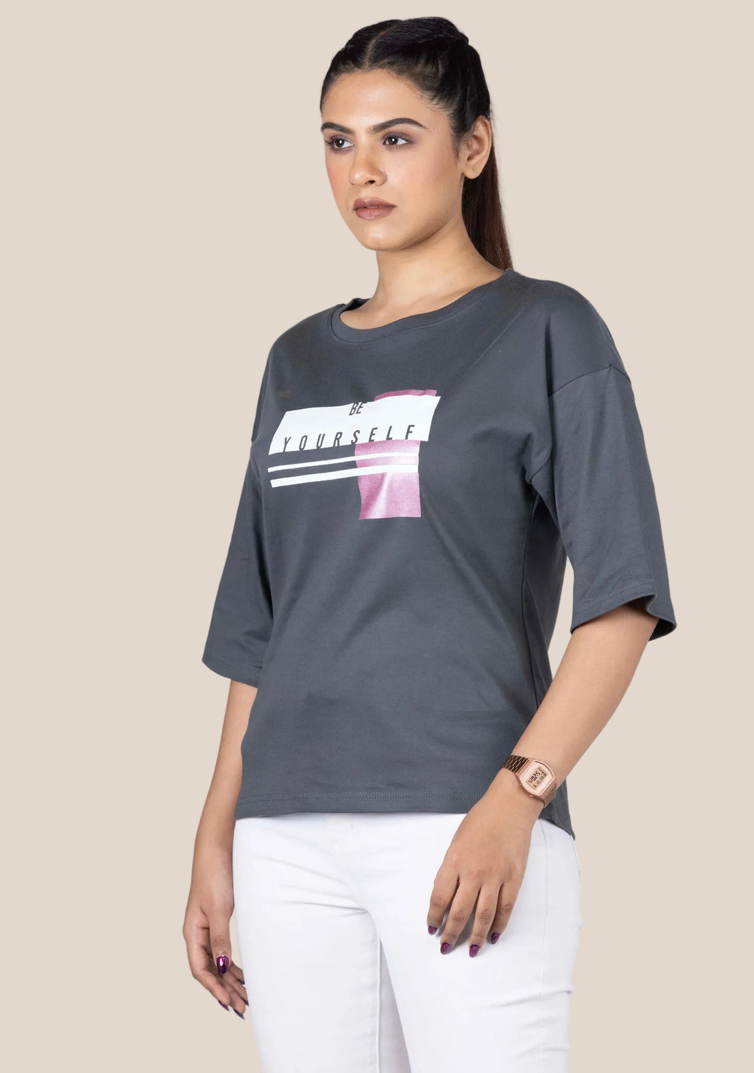 Ladies Drop Shoulder T Shirt - Grey Printed