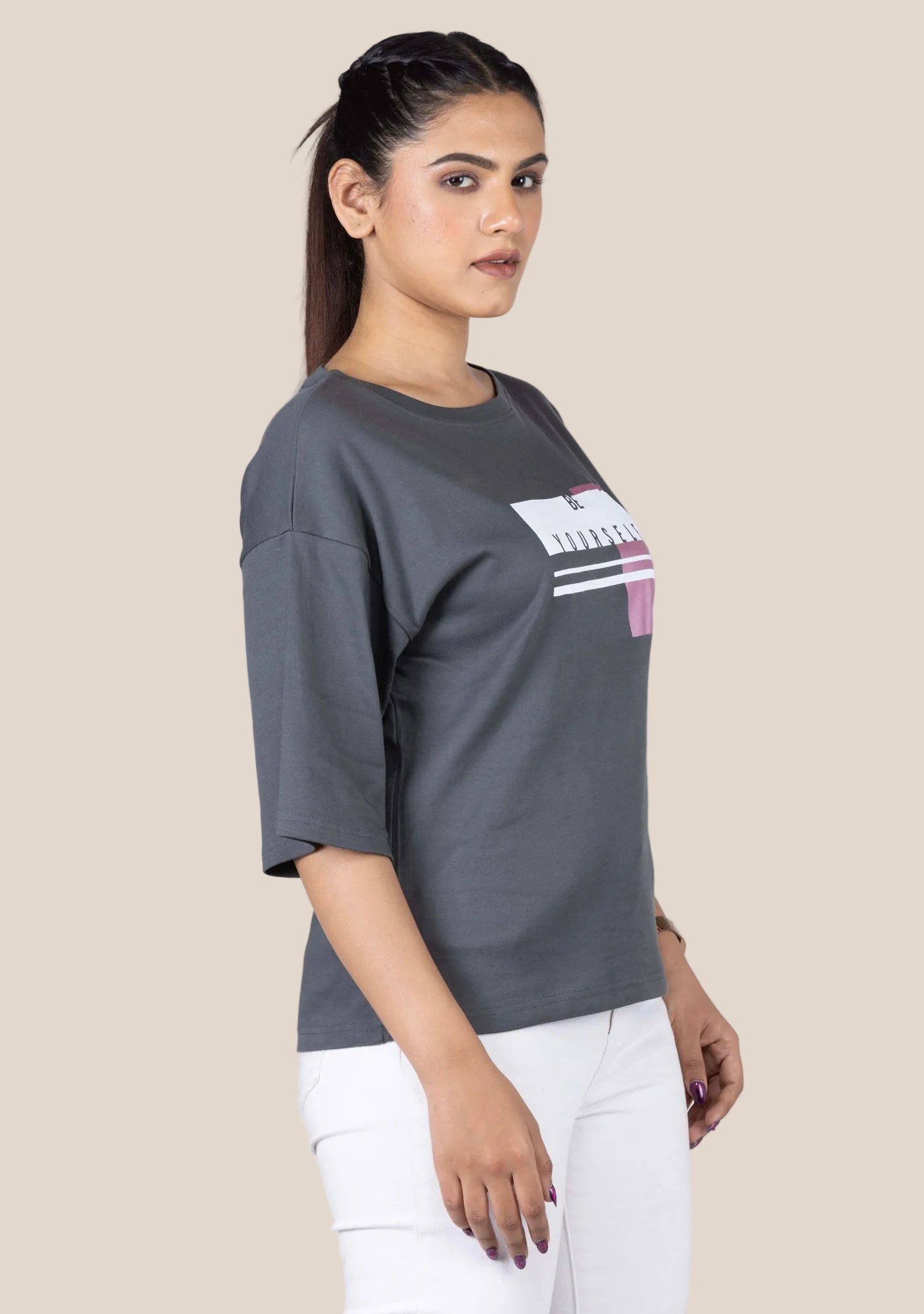 Ladies Drop Shoulder T Shirt - Grey Printed