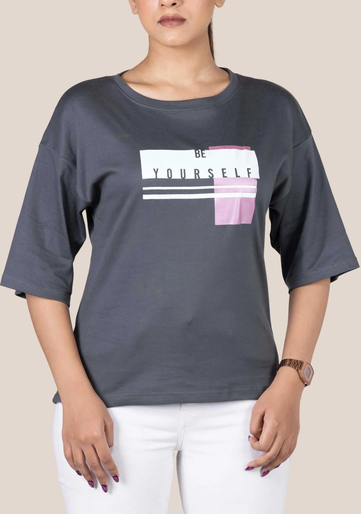Ladies Drop Shoulder T Shirt - Grey Printed