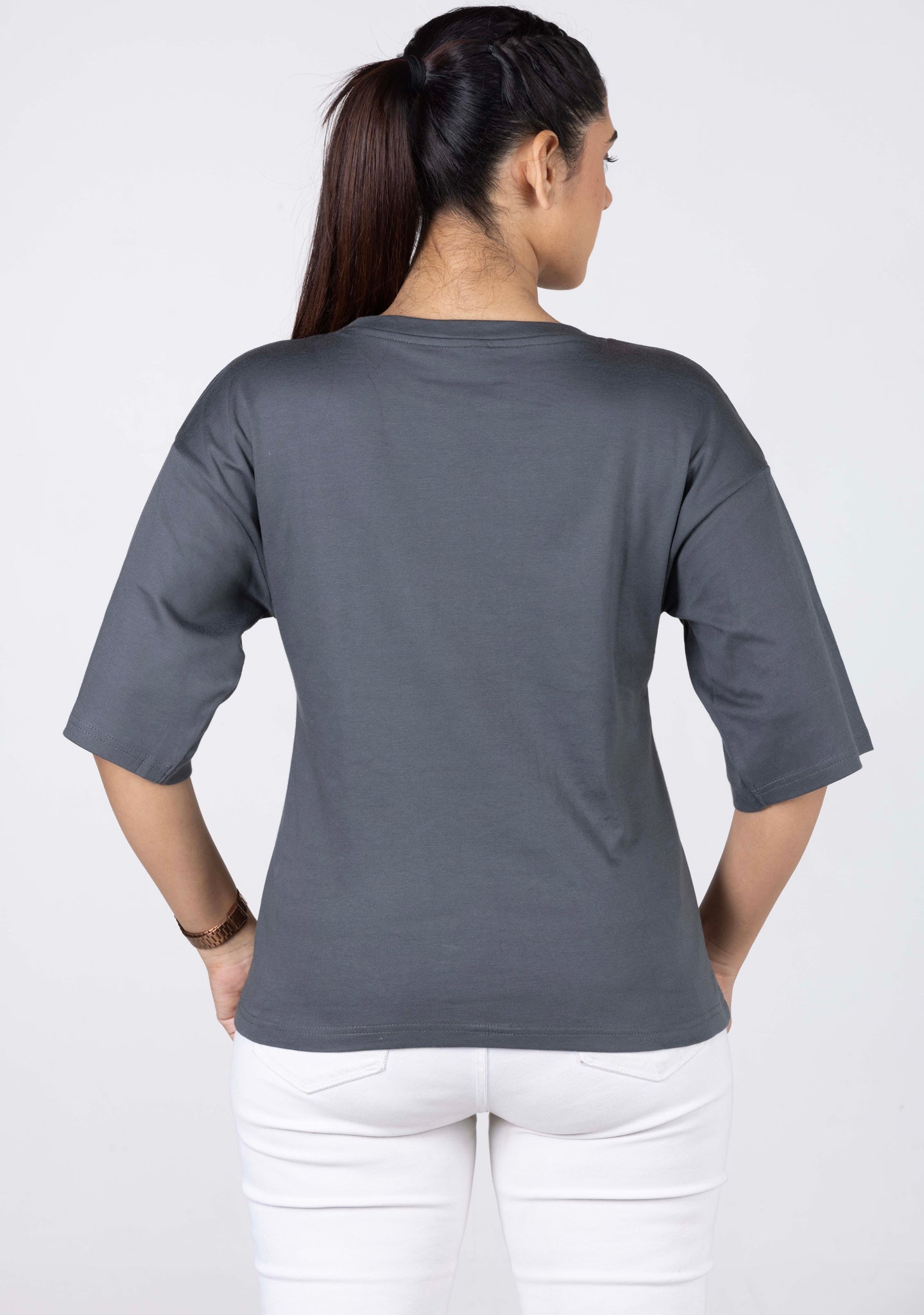Ladies Drop Shoulder T Shirt - Grey Printed